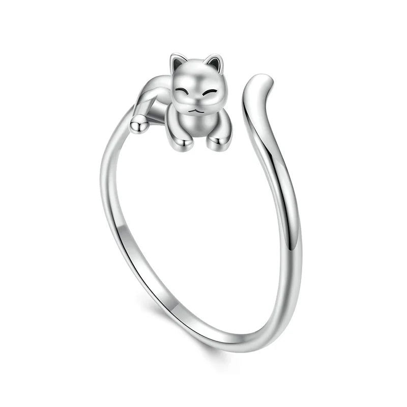 WOSTU 925 Sterling Silver Love Cut Cat Pet Opening Ring For Women Solid s925 Animal Adjustable Rings Gift For daughter Faimly