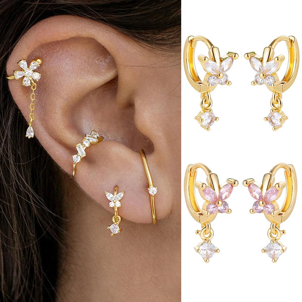 HETICA Butterfly Pearl Hoop Earrings - Cubic Zirconia Round Stud Earrings For Women