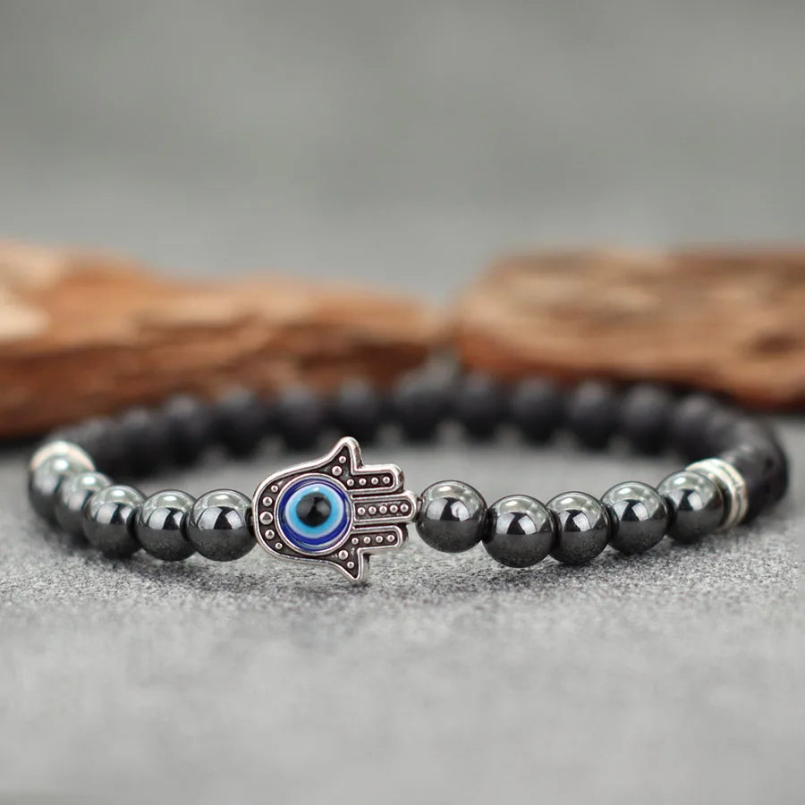 Turkey Evil Eyes Bracelet Men Handmade Fatima Hand Braslet Natural Hematite Stone Healing Braclet Pulseria Homme Lava Brazalete