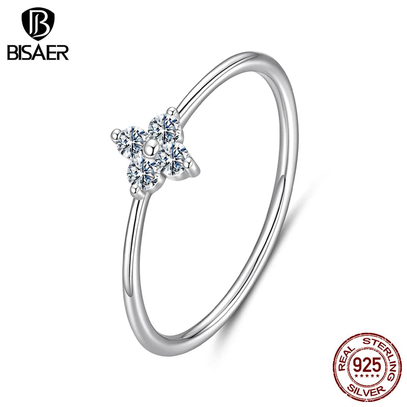 BISAER 925 Sterling Silver Moissanite Lucky Four-Leaf Clover Ring VVS1 EX Delicate Lab Diamond Forever Band Women Fine Jewelry