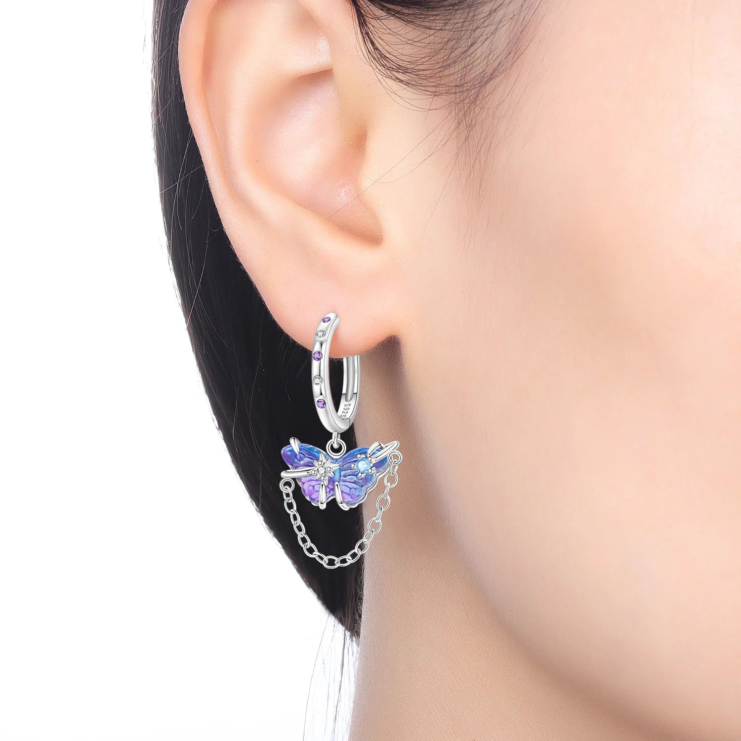 PANPOKI 925 Sterling Silver Purple Butterfly Insect Drop Earrings Women Earrings Charm Fashion Versatile Party Jewelry Gifts
