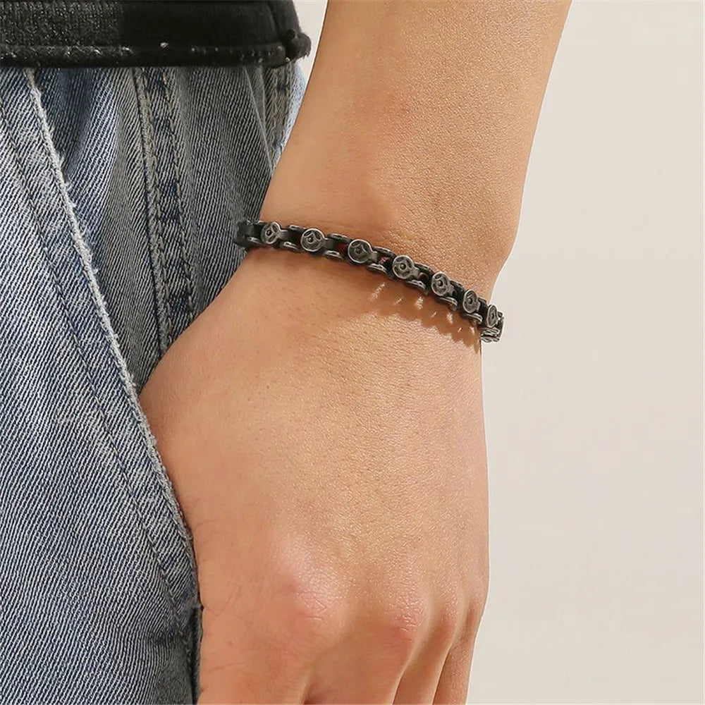 MKENDN Punk Vintage Black 5MM Bicycle Wheel Chain Bracelet Men Stainless Steel Biker Chain Bracelets Male Jewelry Gifts for Son