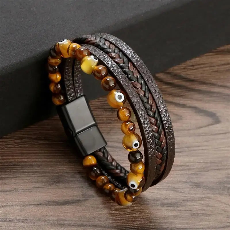 Jiayiqi New Leather Bracelet Men Classic Fashion Tiger Eye Beaded Multi Layer Leather Bracelet For Men Jewelry Gift Dropshipping