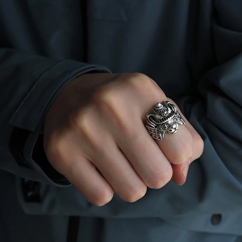 Retro Samurai Cat Ring For Men Silver Color Punk Gothic Adjustable Open Ring Handmade Hiphop Unisex Jewelry Accessories Gift