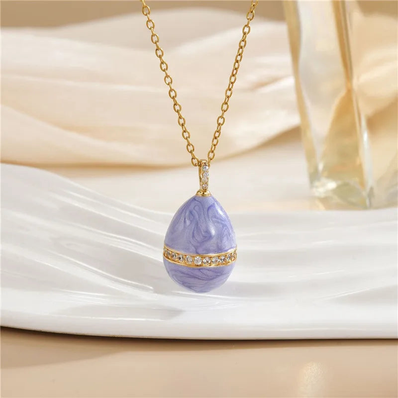 Fashion Easter Egg Enamel Zircon Pendant Necklace Stainless Steel Chains Geometric Choker Jewelry Gifts For Women Girls