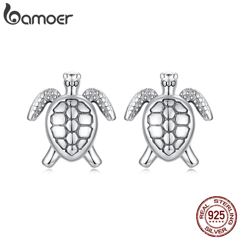 BAMOER 925 Sterling Silver Cute Turtle Stud Earrings Hypoallergenic Sea Animal Earrings for Women Fine Jewelry Retro Party Gift