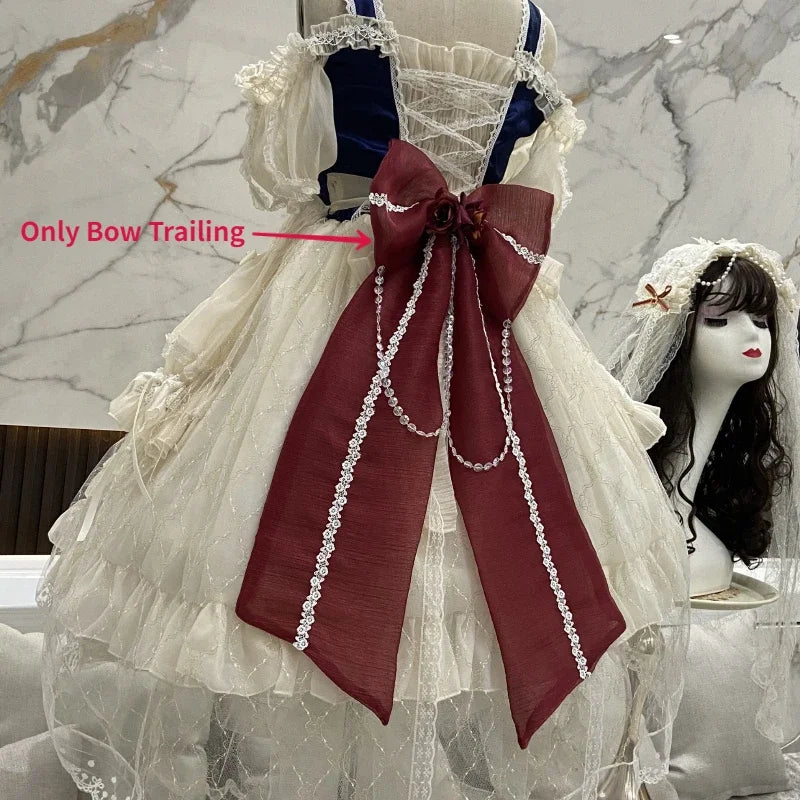 Japanisches Sweet Lolita Prinzessinnenkleid für Damen, elegant im Vintage-Stil mit Schleife, schulterfrei, aus Spitze, Mesh und Perlen, Abendkleid für Partys, Lolita-Kleidung