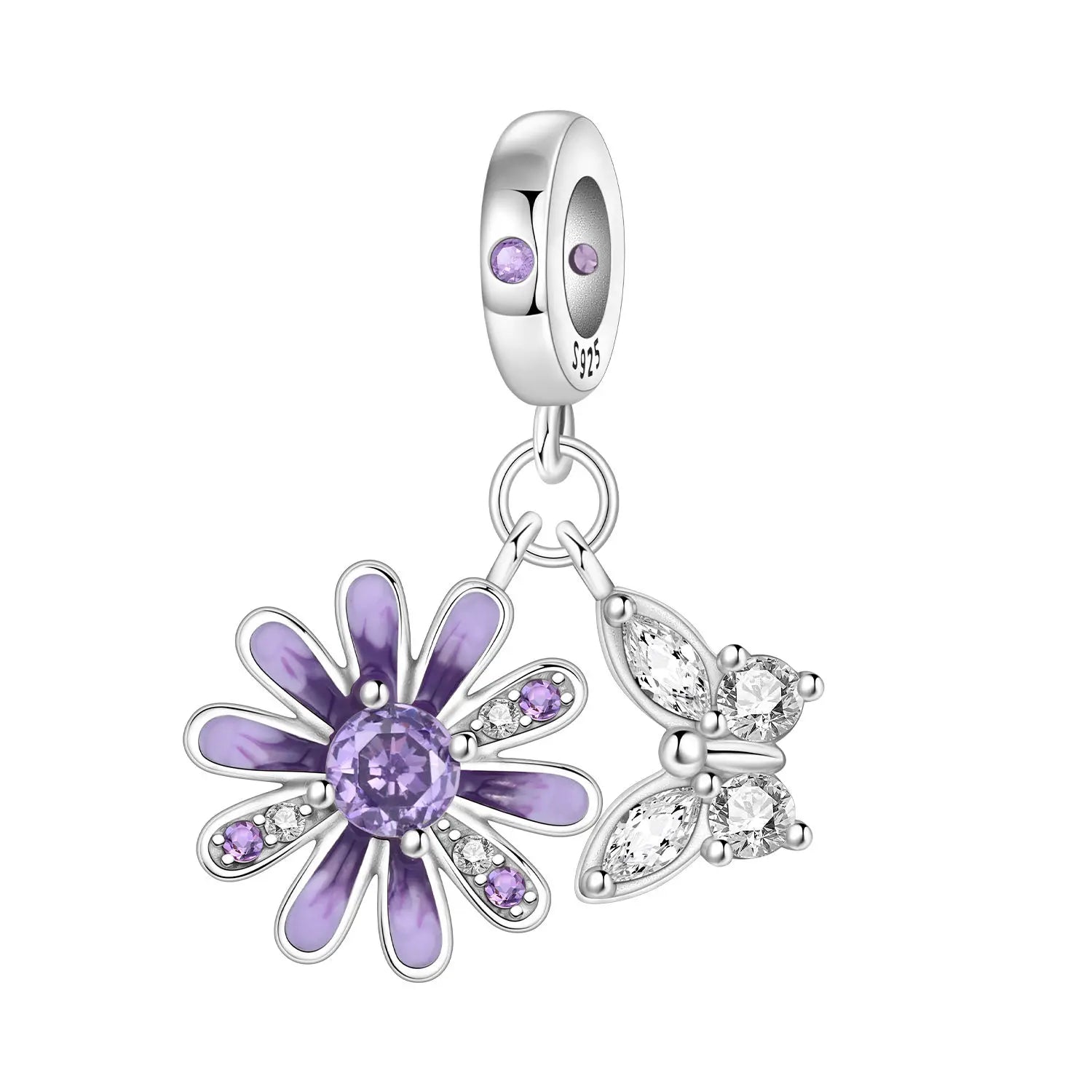 PANPOKI 925 Sterling Silver Purple Daisy Butterfly Beads Original Pendants Bracelet Charm Jewelry Party DIY Trendy Gifts