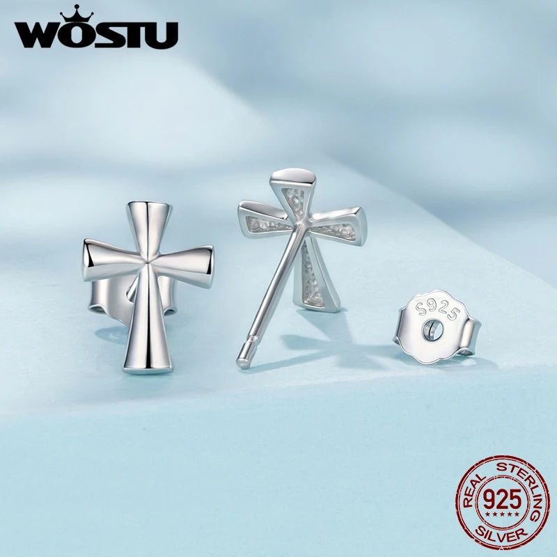 WOSTU Solid 925 Sterling Silver Simple Cross Stud Earrings For Women, Daily Wear Guard Ankh Egyptian Ear Studs Jewelry Gift