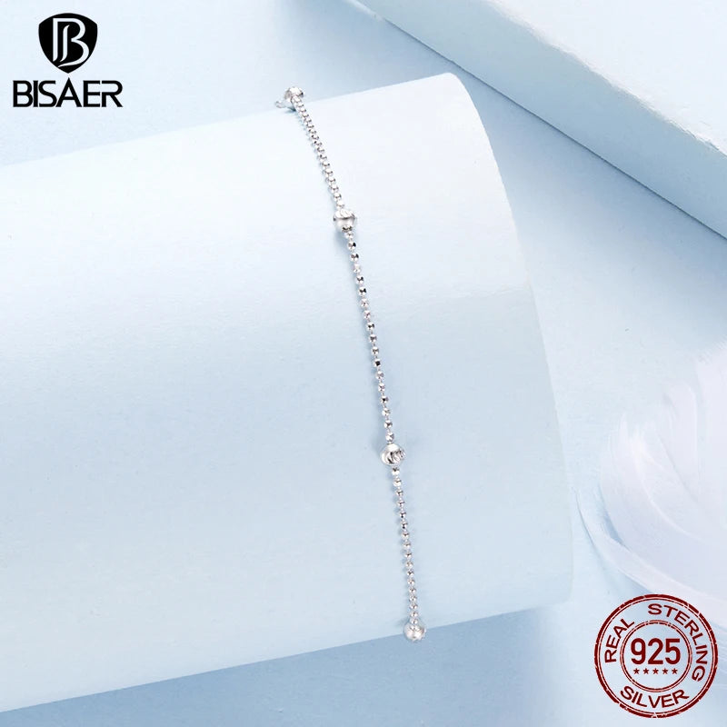 BISAER 925 Sterling Silver Carved Beads Bracelet Minimalist Round Bead Stackable Chain Plated White Gold for Women Fine Jewelry