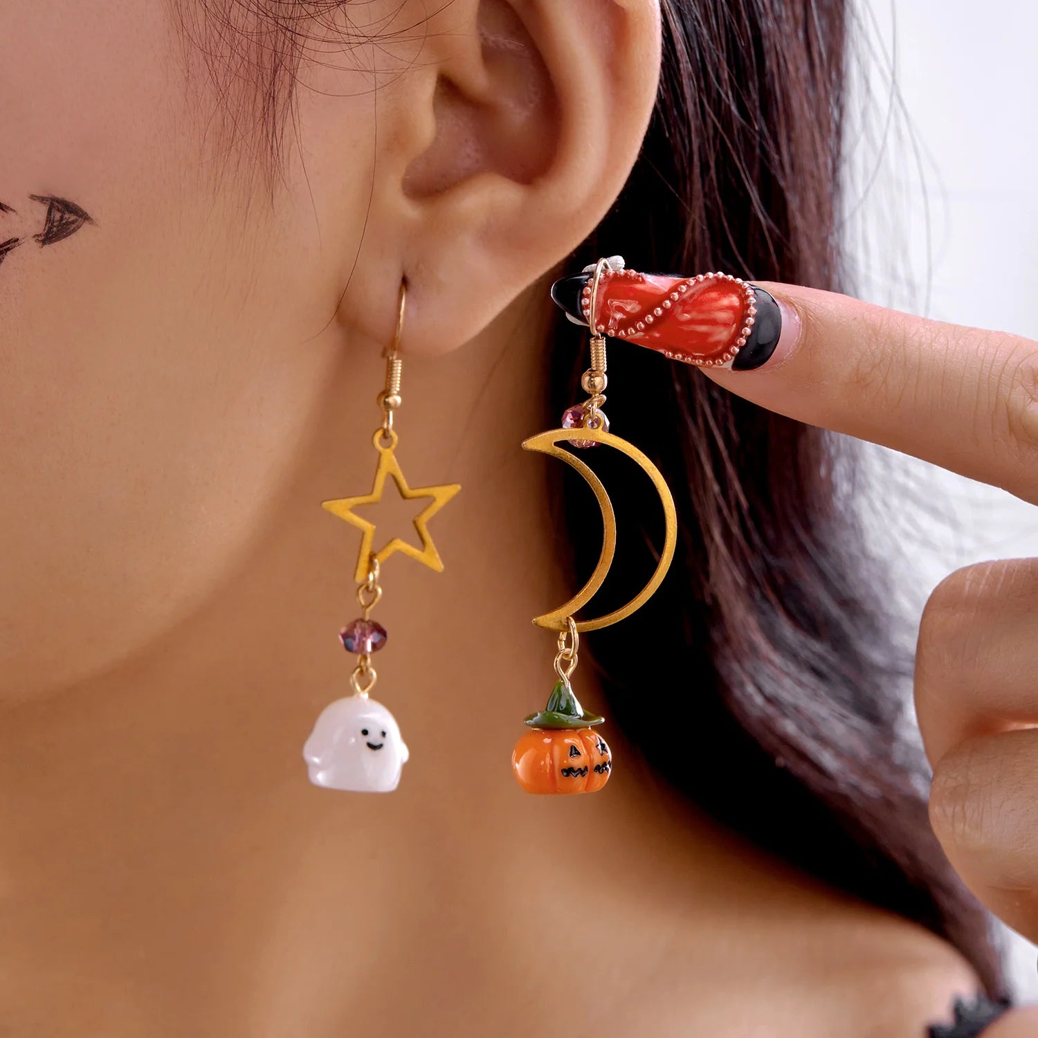Cute Ghost Pumpkin Dangle Earrings for Women Cartoon Asymmetrical Star Crystal Long Tassel Earrings Halloween Christmas Jewelry