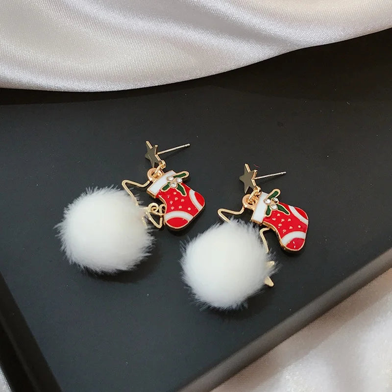 Fashion Christmas Tree Snowflake Earring For Women Santa Claus Bowknot Red Ball Asymmetric Tassel Earring New Year Festival Gift