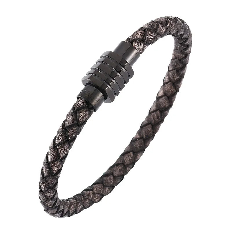 MKENDN Fashion Punk Men Jewelry Black Braided Leather Bracelet Stainless Steel Magnetic Clasp Fashion Bangles Gift