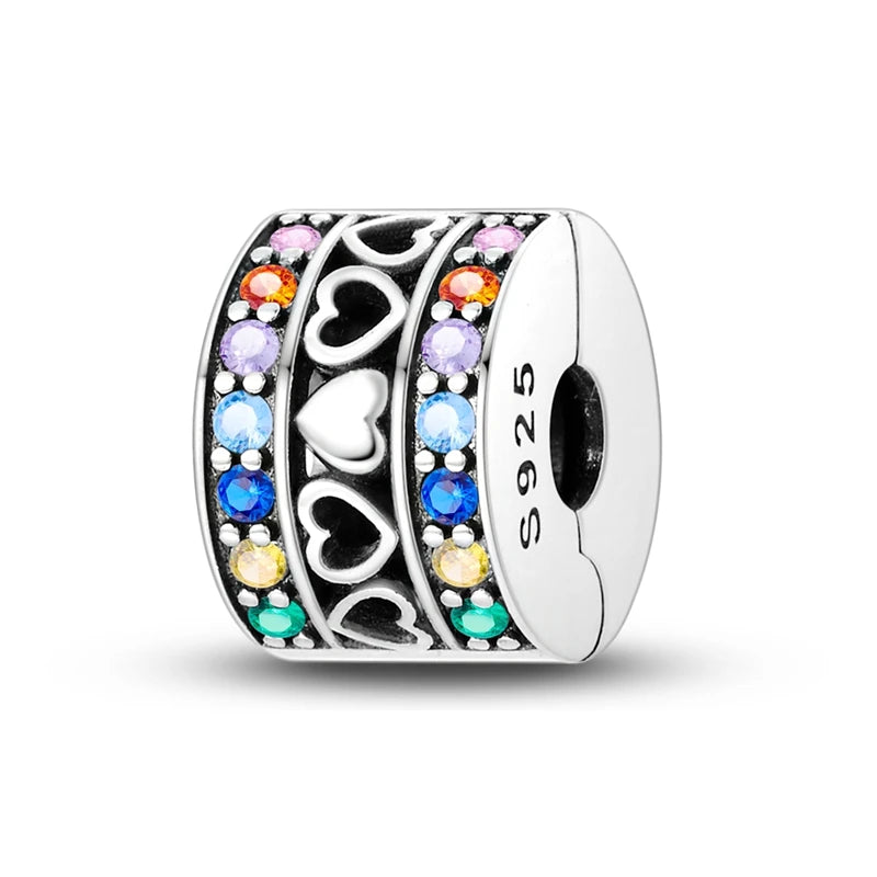 Silver Charm 925 Sterling Silver Clip Charms Safety Chain Charm CZ pave Round Clip Beads Fit Original Bracelet Jewelry Making