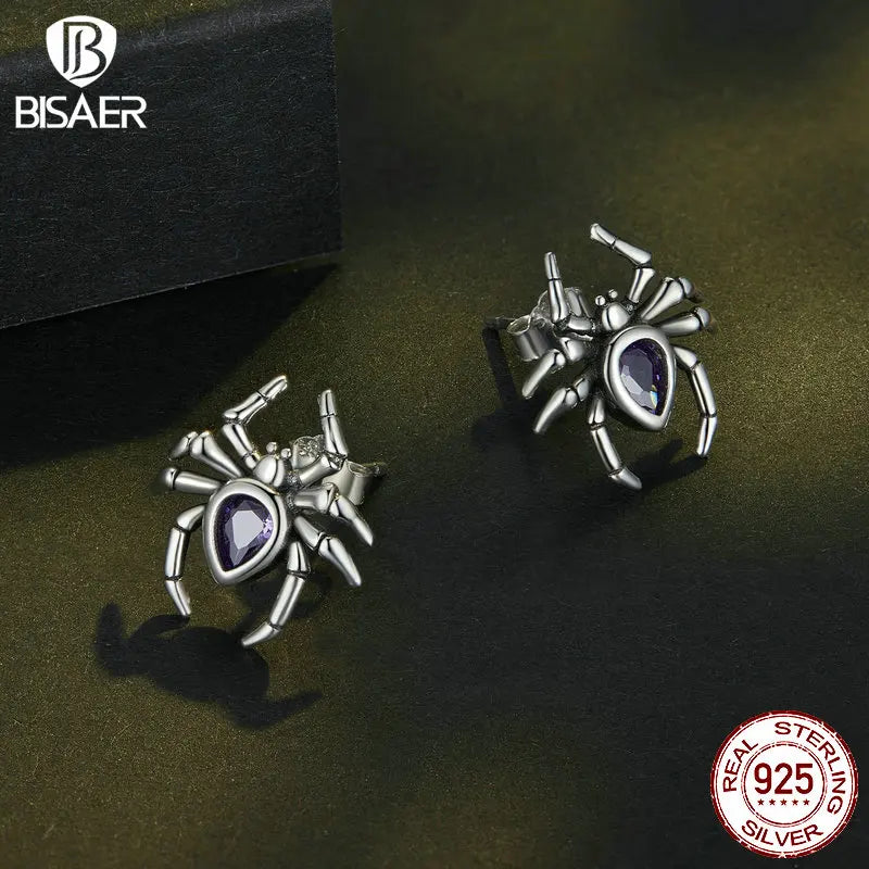BISAER Skull Spider Stud Earrings 925 Sterling Silver Retro Spider Hypoallergenic Stud Ear for Women Fine Jewelry Halloween Gift