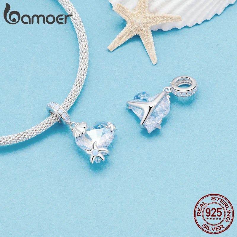 Bamoer 925 Sterling Silver Heart Shape Crystal Pendant Necklace Sea Star Neck Chain for Women Fine Jewelry Gift