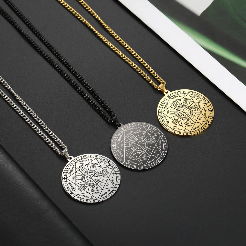 Dreamtimes Men's Necklace The Seal of The Seven Archangels Necklace Stainless Steel Round Male Pendant Jewelry Gifts Free Chain