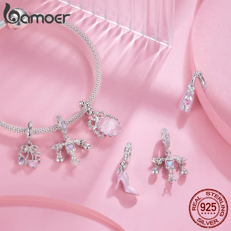 BAMOER 925 Silver Pink Party Series Pendant Transparent Bow Beads for Women Sweet Girl DIY Birthday Gift Jewelry Accessories