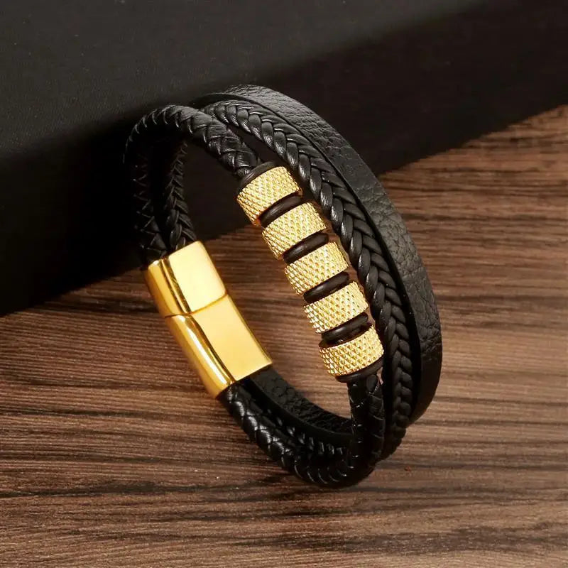 Punk Men Leather Bracelet with Stainless Steel Magnetic Clasp Braided Mutilayer Leather Wrapping Bangles Man Jewelry Gift