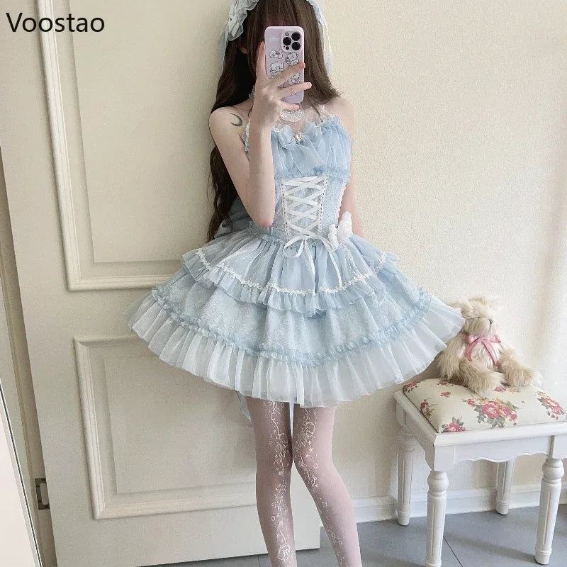 Japanese Gothic Lolita Princess Dress Women Kawaii Lace Ruffles Bow Bandage Slim Party Dresses Girls Y2k Elegant Cute Mini Dress