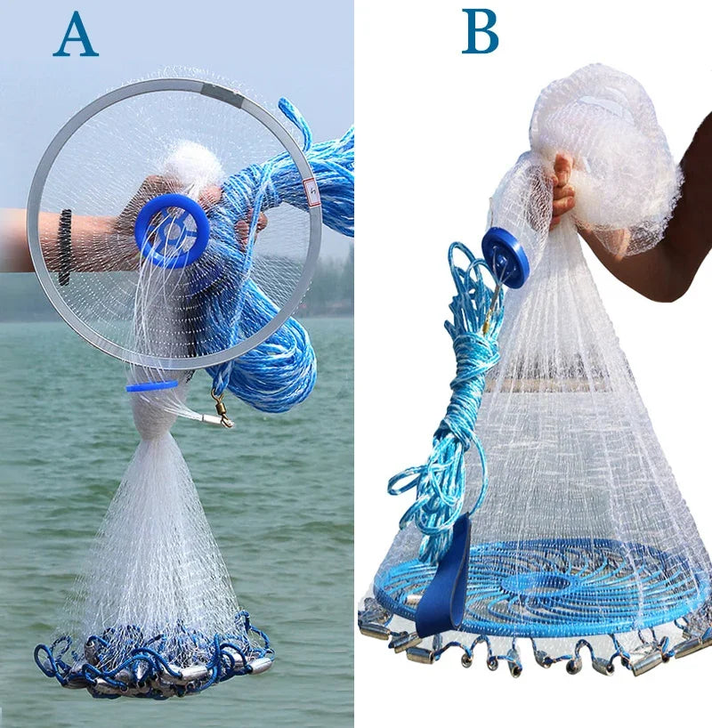 Lawaia Hand Cast Net Aluminum or Blue Plastic Ring Folding Network Steel Pendant Monofilament Nylon Fishing Line Fishnet - Madeinsea©