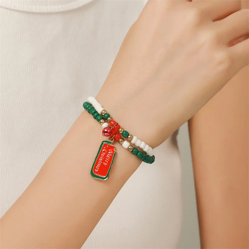 Handmade Rice Beads Christmas Bracelet for Women Santa Claus Snowman Xmas Tree Elk Pendant Bracelets New Year Party Jewelry Gift