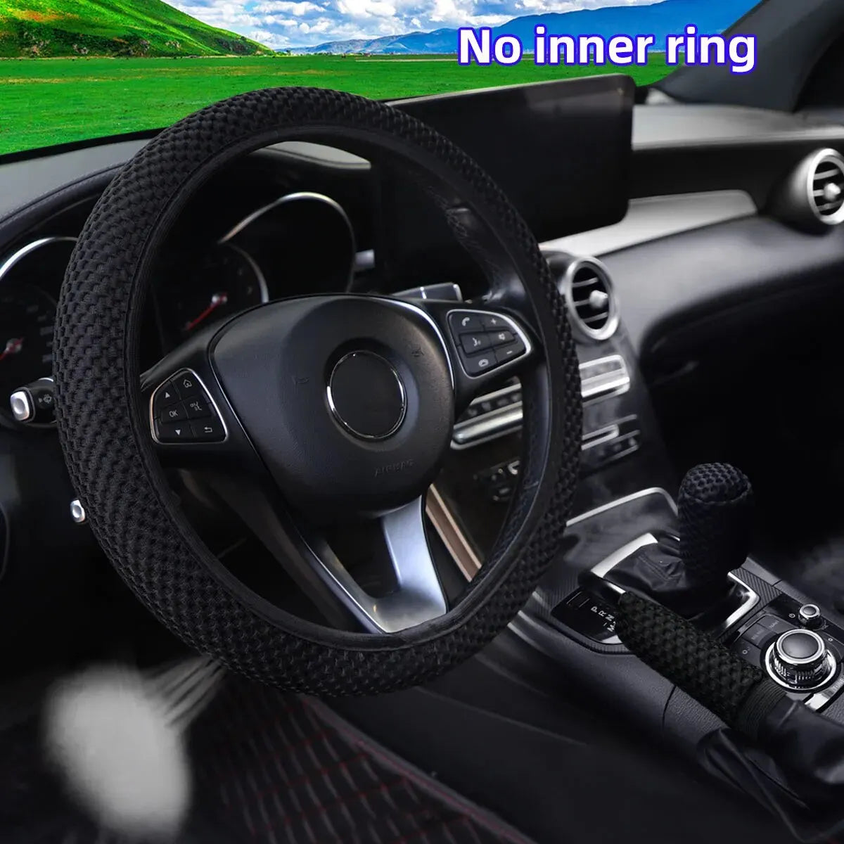 3-piece Massage Mesh Cloth Breathable Car without Inner Ring Steering Wheel Cover Handbrake Cover Handle Cover 14.5-15INCH - Madeinsea©