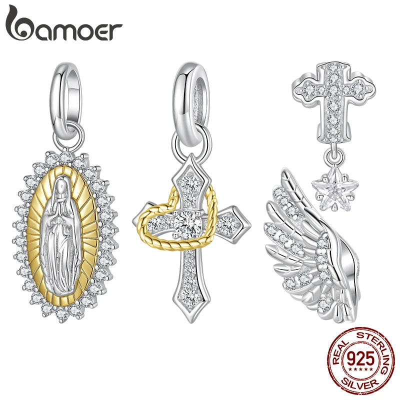 Bamoer 925 Sterling Silver Two-tones Virgin Mary Pendant Cross Charms Guard Wings Beads for Loved Women DIY Bracelet Accessories