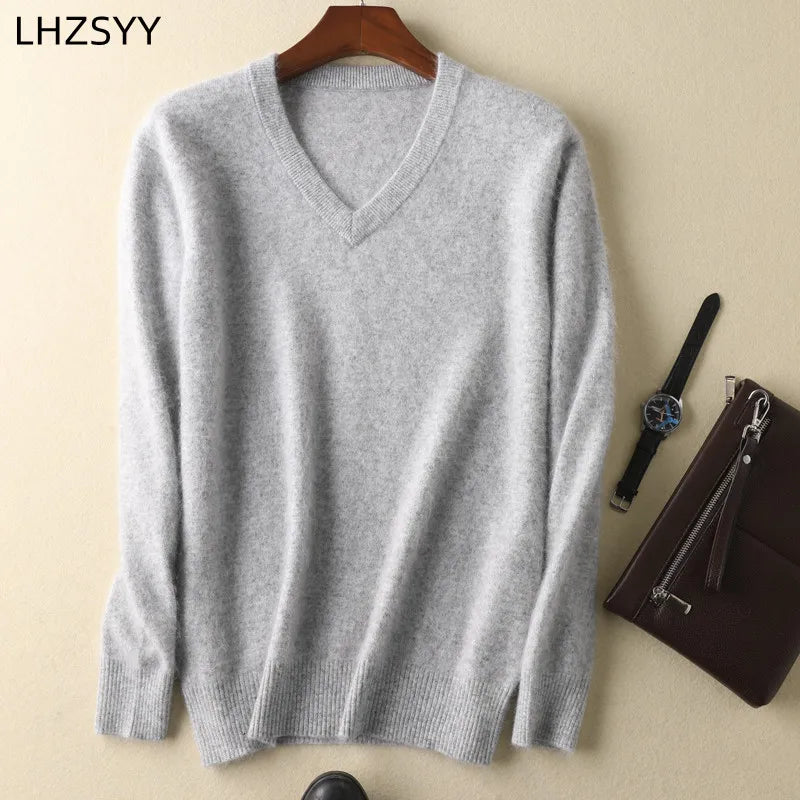 LHZSYY Men's 100% Mink Cashmere Large Size Sweaters Autumn Winter Solid V-neck Casual Knit Pullovers Men Long Sleeve Warm Jumper - Madeinsea©
