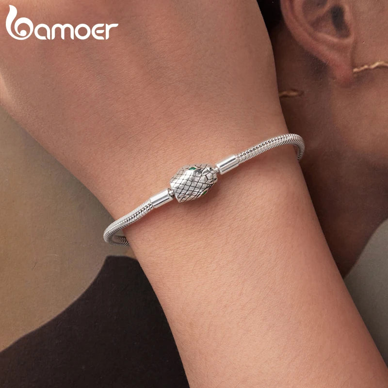BAMOER 925 Sterling Silver Retro Snake Bone Chain Bracelet with Serpent Head Charm for Women Anniversary Zodiac Birthday Gift