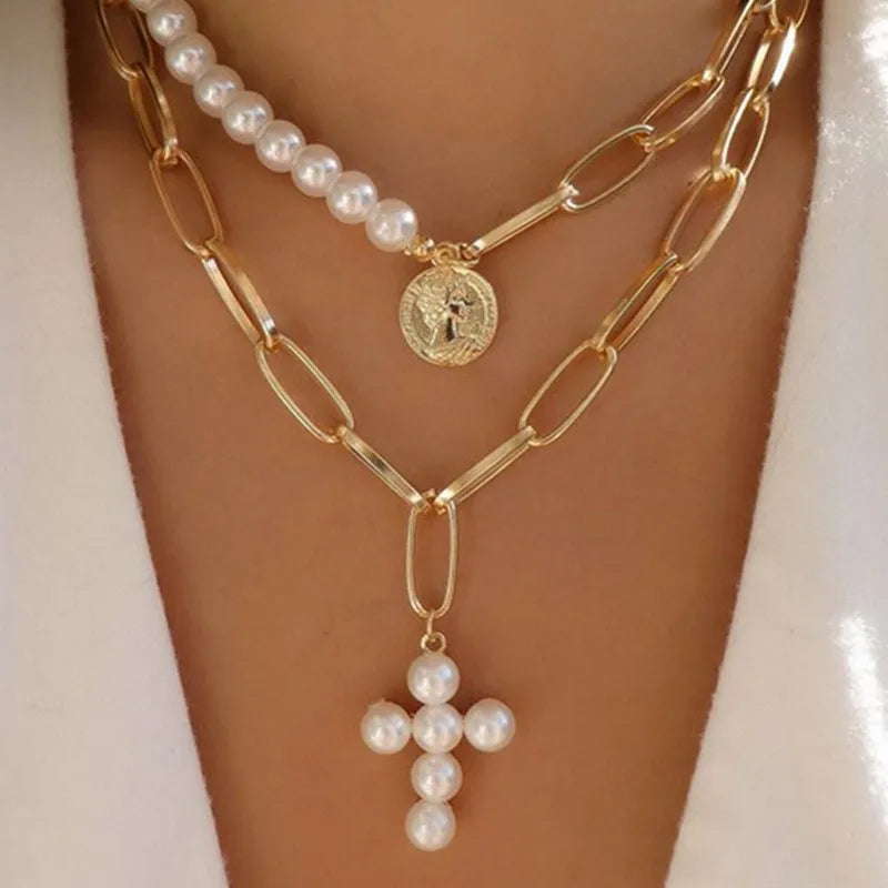 2023 Y2K Pearl Cross Pendant Necklace Hip Hop Retro Women Religious Zircon Chain Necklaces Girls Punk Party Trendy Jewelry Gifts