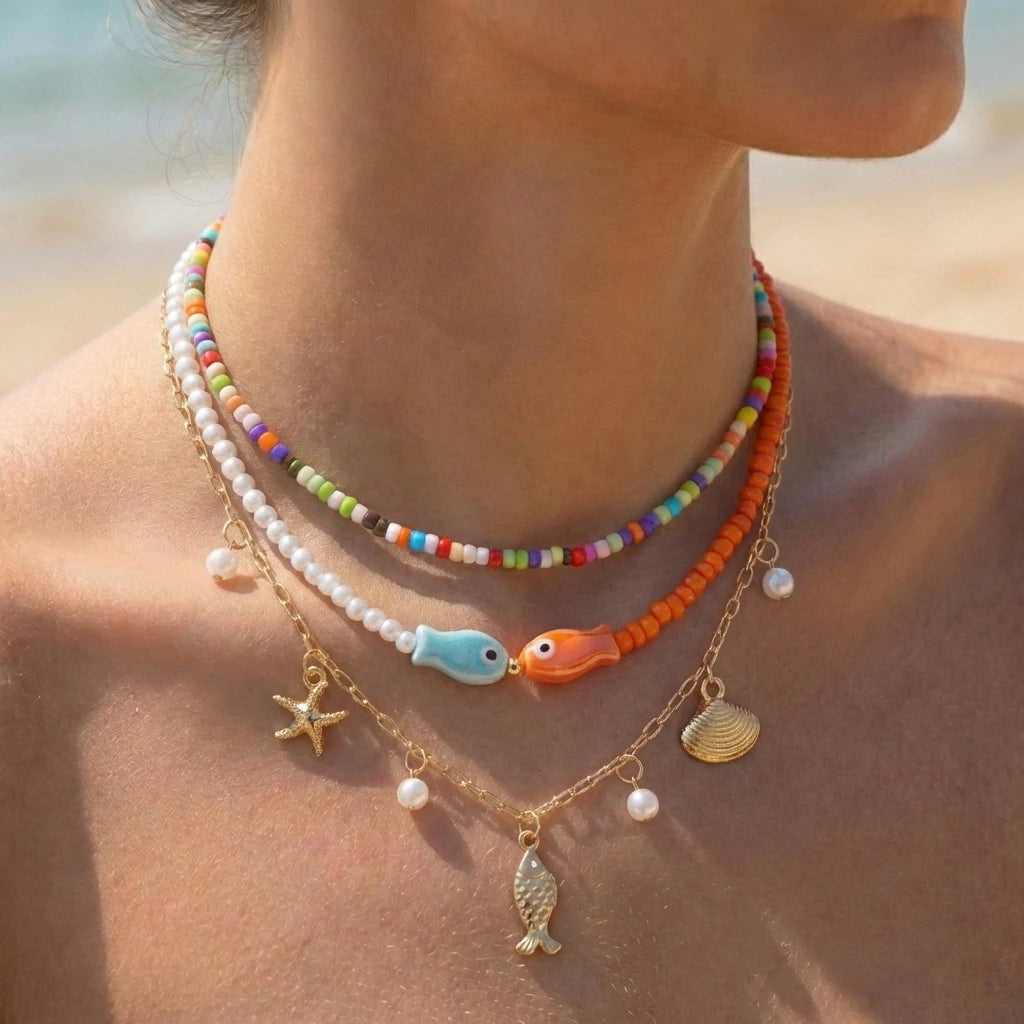 Bohemian Double Layer Seashell Necklaces For Women Handmade White Rice Beads Shell Short Collar Choker Beach Party Neck Jewelry