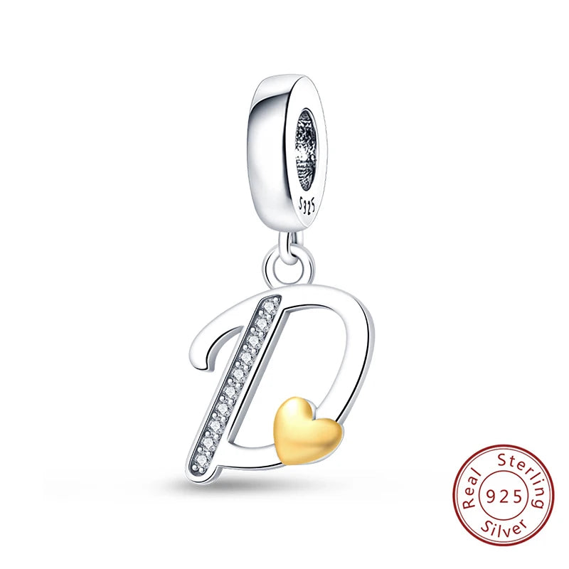Classic 925 Sterling Silver 26 Gold Color Heart Zircon Letter A-Z Charms Beads Fit Original Bracelets DIY Birthday Jewelry Gift