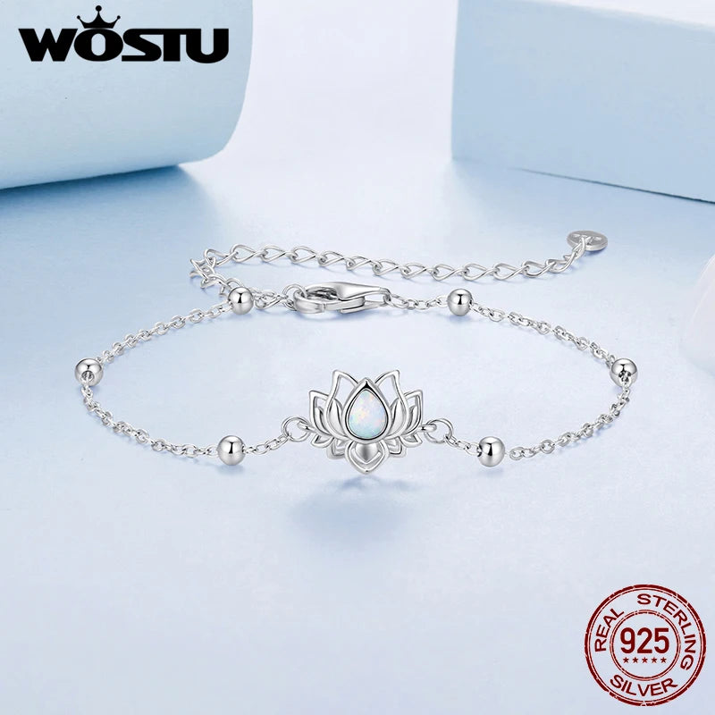 WOSTU 925 Sterling Silver Lotus Bead Chain Bracelet for Women, Adjustable White Opal Pendant Link Yoga Meditation Jewelry Gi