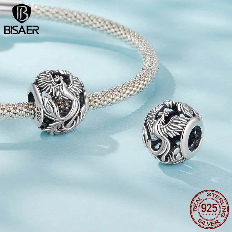 BISAER 925 Sterling Silver Vintage Phoenix Flying Dragon Charm Bead Lion Crown Snake Pendant For Women DIY Bracelet Fine Jewelry