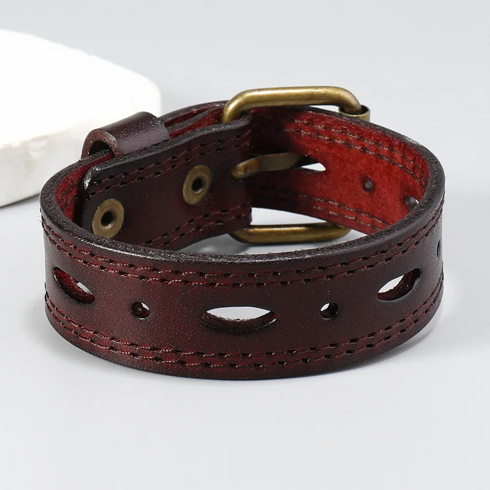 MKENDN Norse Viking Wide Cowhide Leather Punk Wristband Adjustable Cuff Bangles for Men Women Friendship Bracelets Gifts