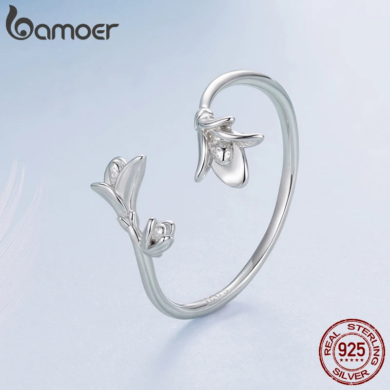 Bamoer 925 Sterling Silber Romantischer Lavendelblütenring, offener Ring mit verstellbarem Hammerhai-Motiv, für Damen und Teenager, schlichtes Geschenk für Verabredungen