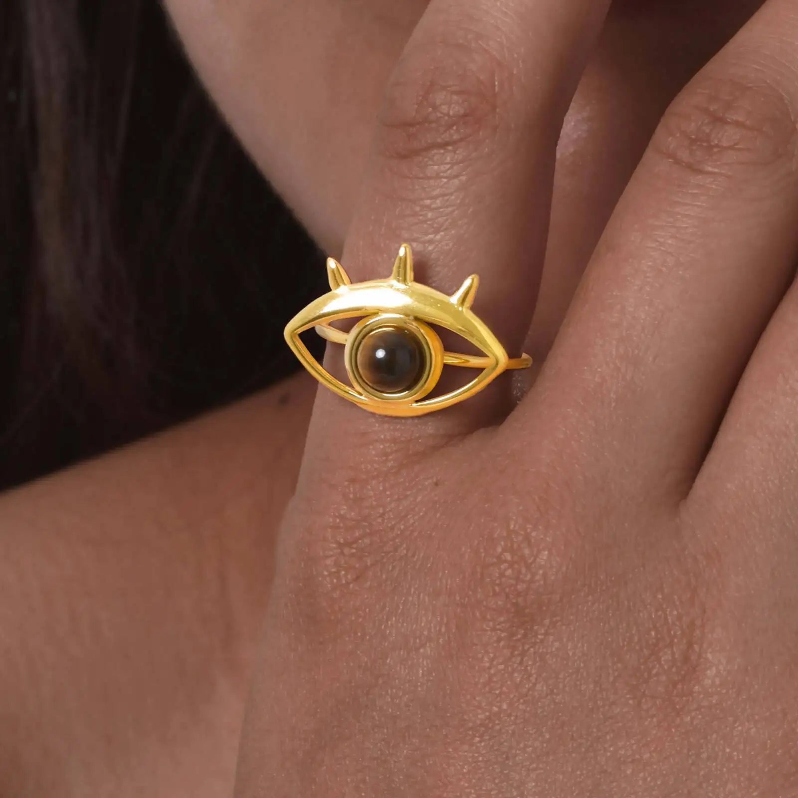 Vnox Brown Stone Eye-shaped Stainless Steel Rings Irregular Opening Trendy Rings  For Women Stone Finger Jewelry Never Lose