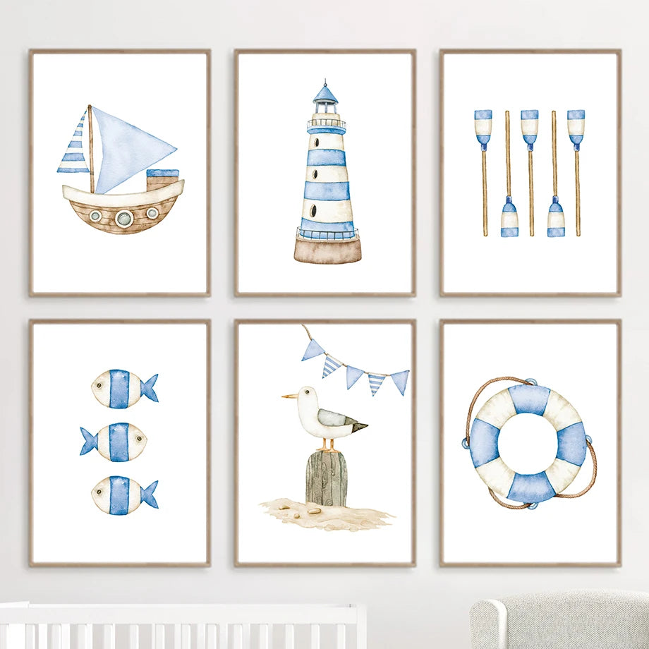Sailboat / Lighthouse Nautical Nursery Posters And Canva Prints - Madeinsea©