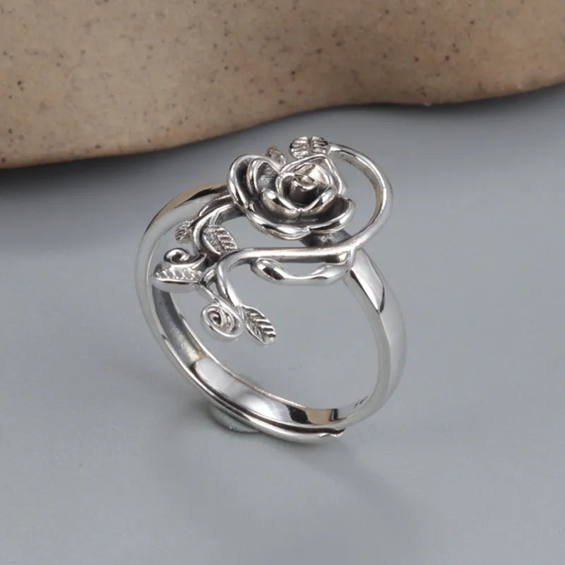 Buyee 925 Sterling Silber Großer Blumenring Finger Grau Rose Offener Ring für Frau Mode Ethno Feiner Schmuck Kreis mit Box