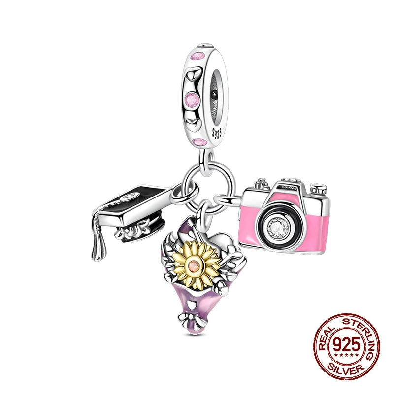 Original 925 Sterling Silver Charms Beads Graduation Season College Entrance Bachelor's Cap Pendant for Bracelet Charm Jewelry