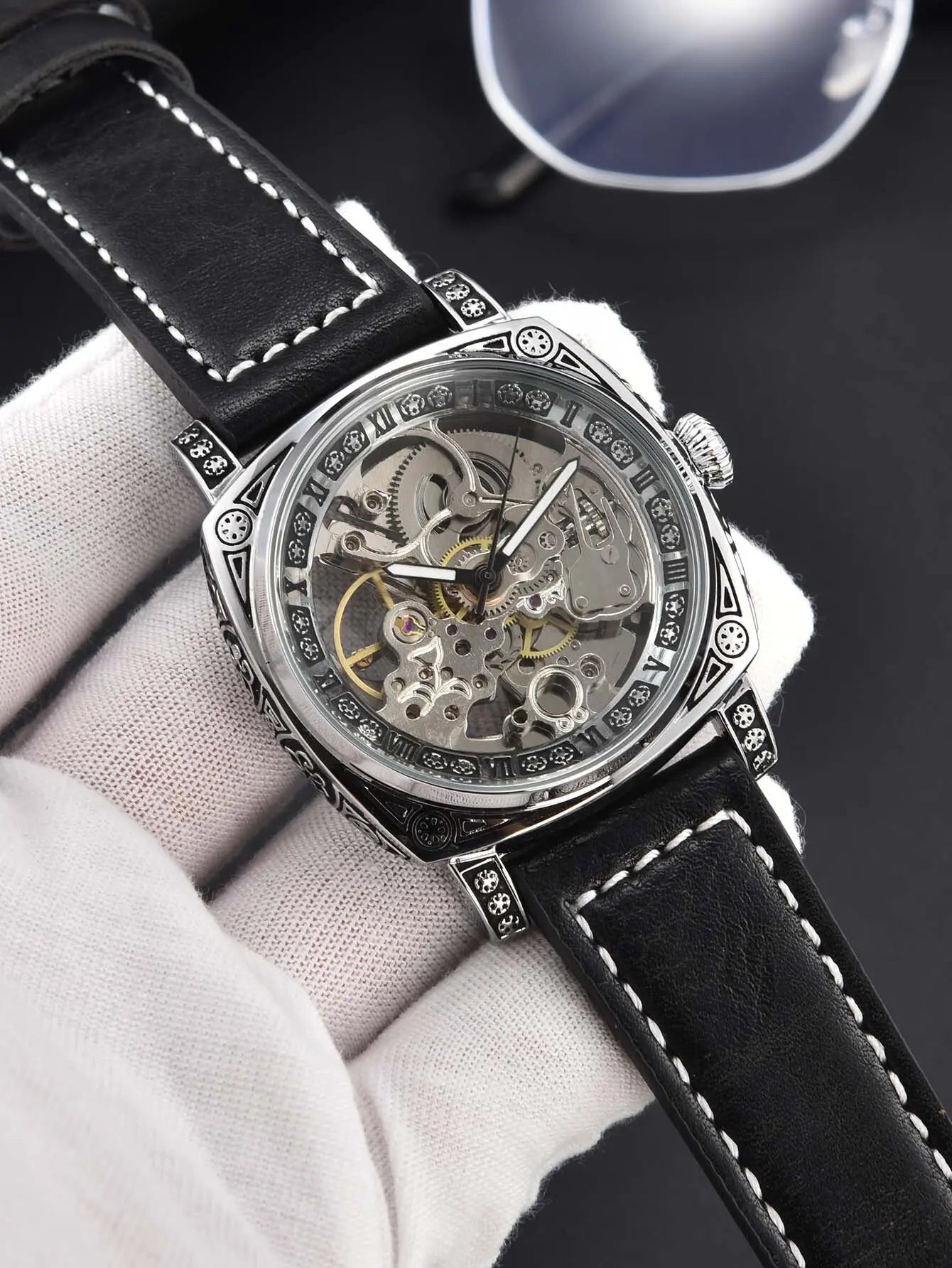 automatic watch retro style wholesale mechanical wristwatches skeleton carve waterproof leather no logo mens watch