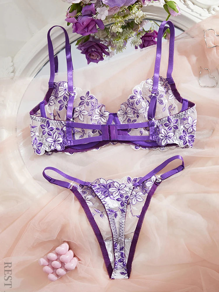Sexy Female Lingerie Ultra Thin Bra Set Romantic Underwear Beautiful Embroidery Lace Lingerie Translucent Underwear Erotic Sets