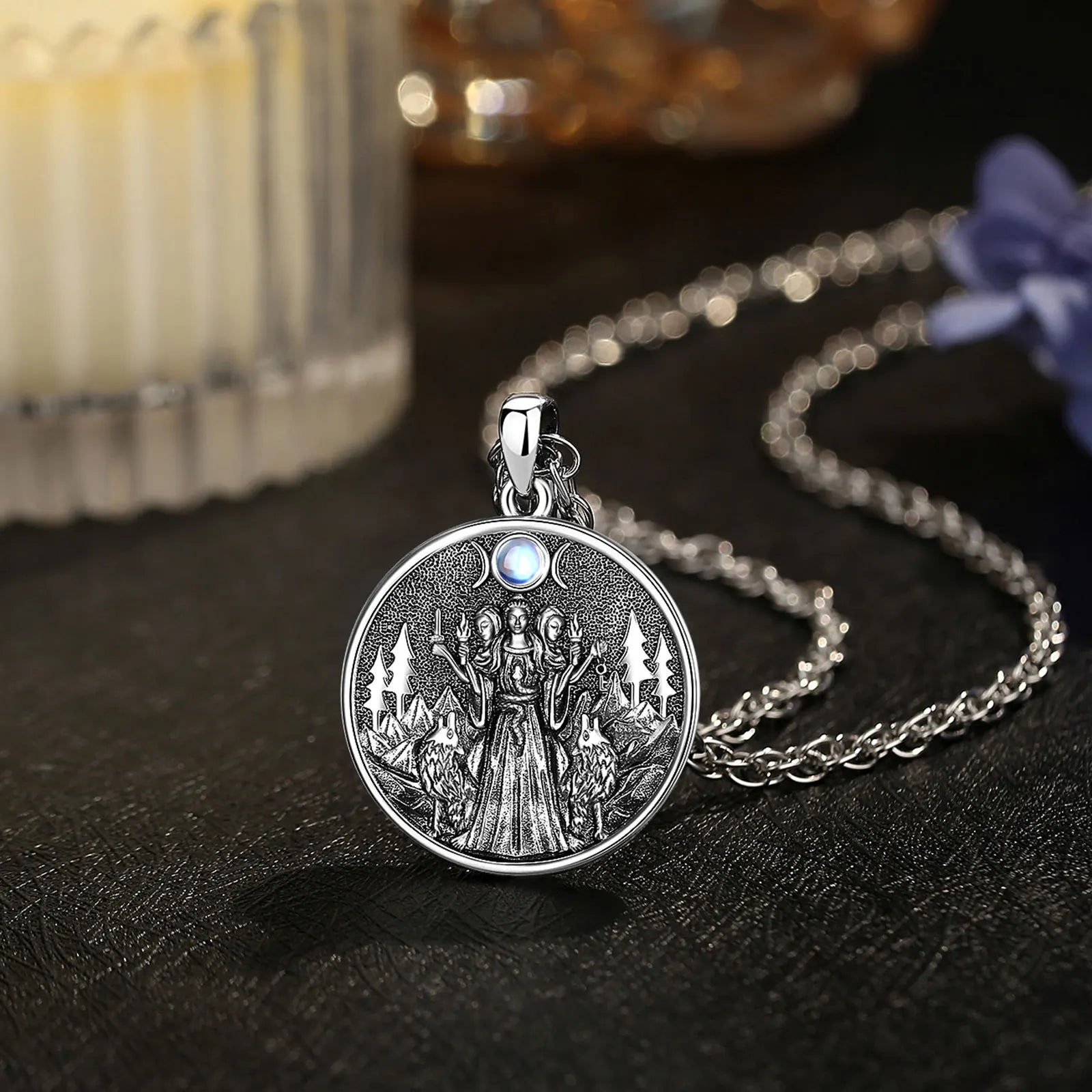 Eudora 925 Sterling Silver Hecate Dog Necklace Triple Moon Goddess Amulet Pendant Moonstone Triple Goddess Jewelry Women Gift