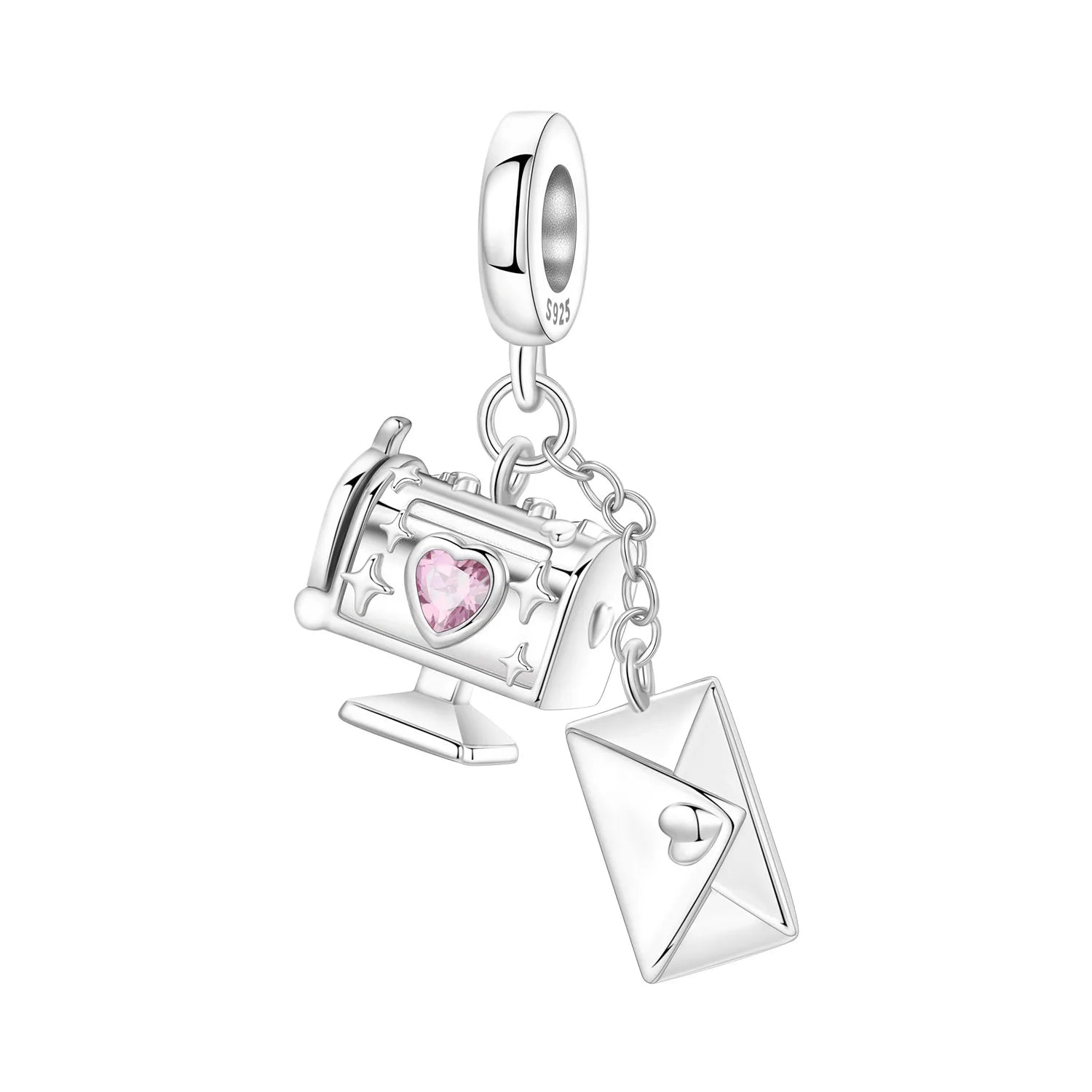 PANPOKI 925 Sterling Silver Pink Love Zircon Email Envelope Beads Original Pendants Bracelet Charm Jewelry Party DIY Gifts