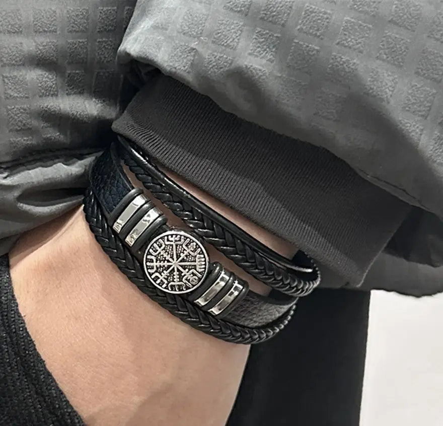 Fashion Trendy Men Leather Bracelets Fashion All-match Multi-layer Braided Leather Bracelets Scripture Compass Devil Eye