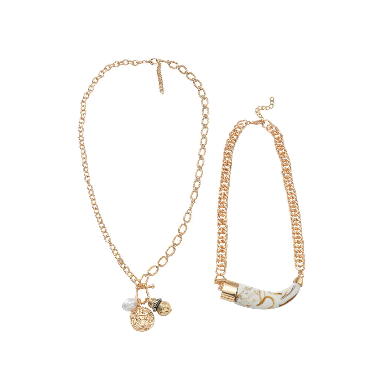 ZAA Cow Horn Multi-layer Imitation Pearl Geometry Women's Punk Necklace