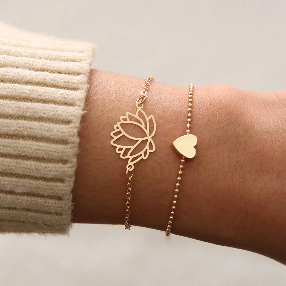Trendy Geometric Link Chain Bracelet Set For Women Rhinestones Gold Color Leaves Heart Pendant Open Cuff Bangle Girls Jewelry - Madeinsea©