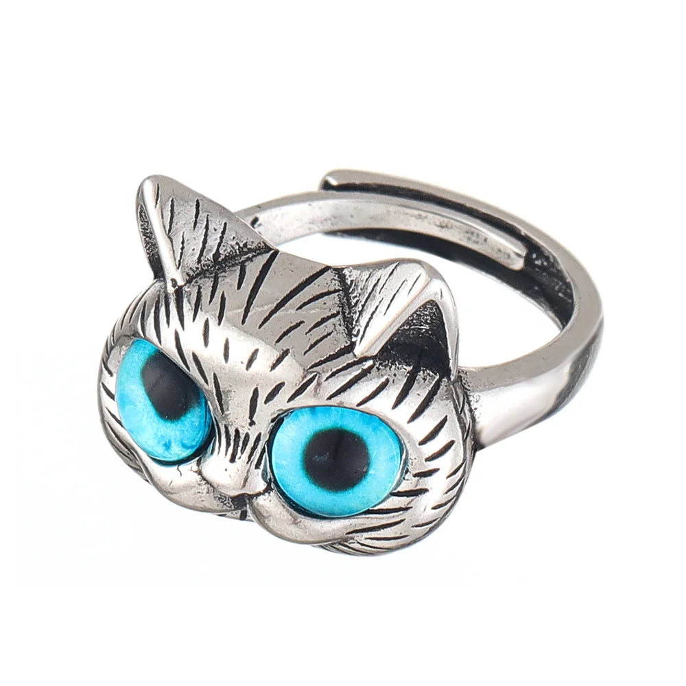 Fashion Silver Color Fat Cat Blue Eyes Cute Ring For Men Retro Blue Acrylic Couple Ring Women Party Jewelry Wholesale