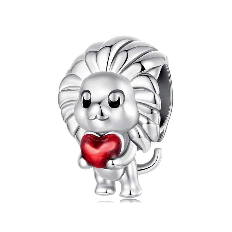 Bamoer Löwenanhänger aus 925er Sterlingsilber mit rotem Herz und Zirkonia-Perlen – niedliche Tierperlen für Damenarmbänder, DIY-Geschenkidee